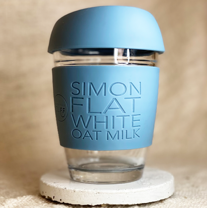 flat white oat milk coffee cup with name and coffee order