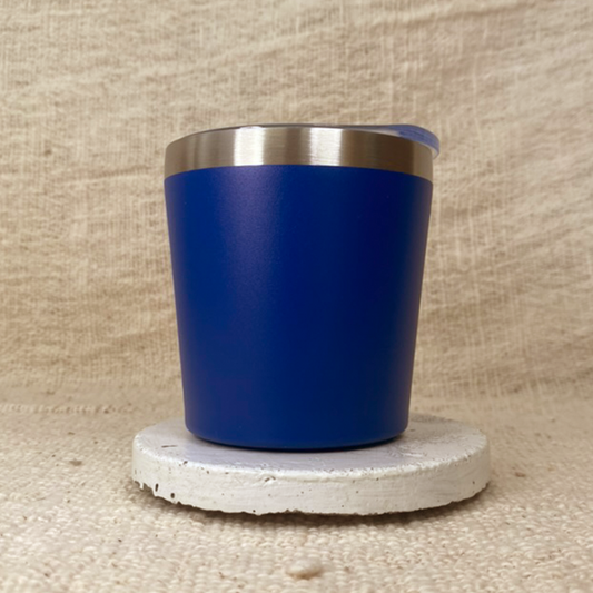 Insulated stainless steel reusable blue coffee travel cup