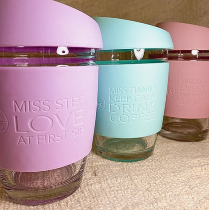 12oz Glass - Personalised Coffee Cup with Large Silicone Cuff - VARIOUS COLOURS