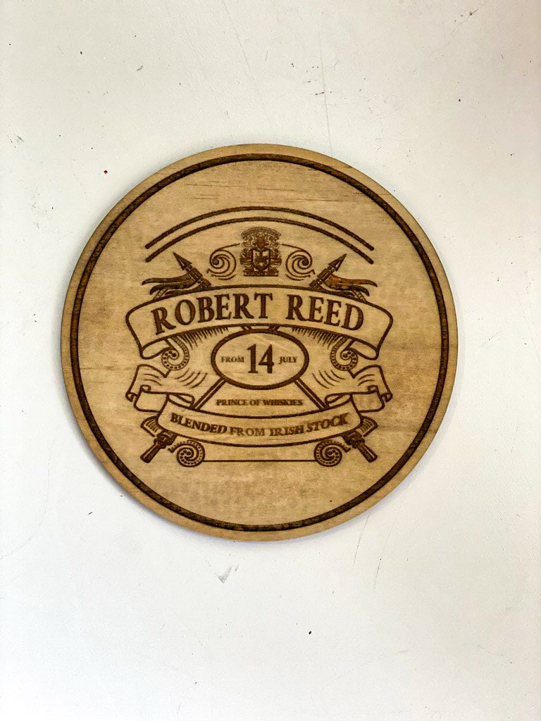 Personalised alcohol logo wooden coaster