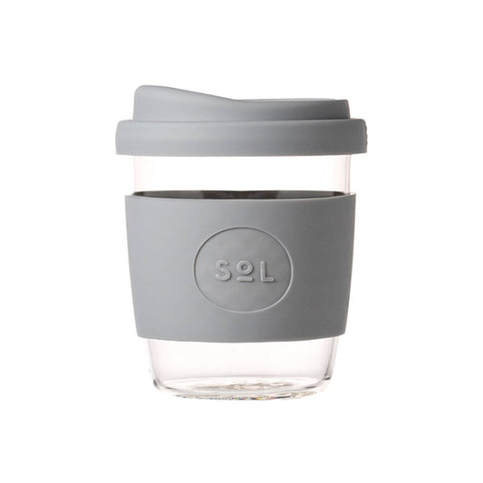 Reusable SoL glass cup and personal sleeve in grey