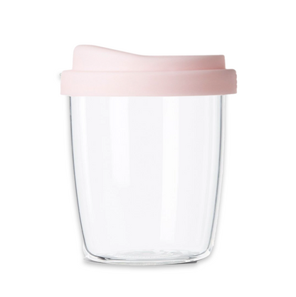 Pink reusable coffee cup in glass with personalised cuff