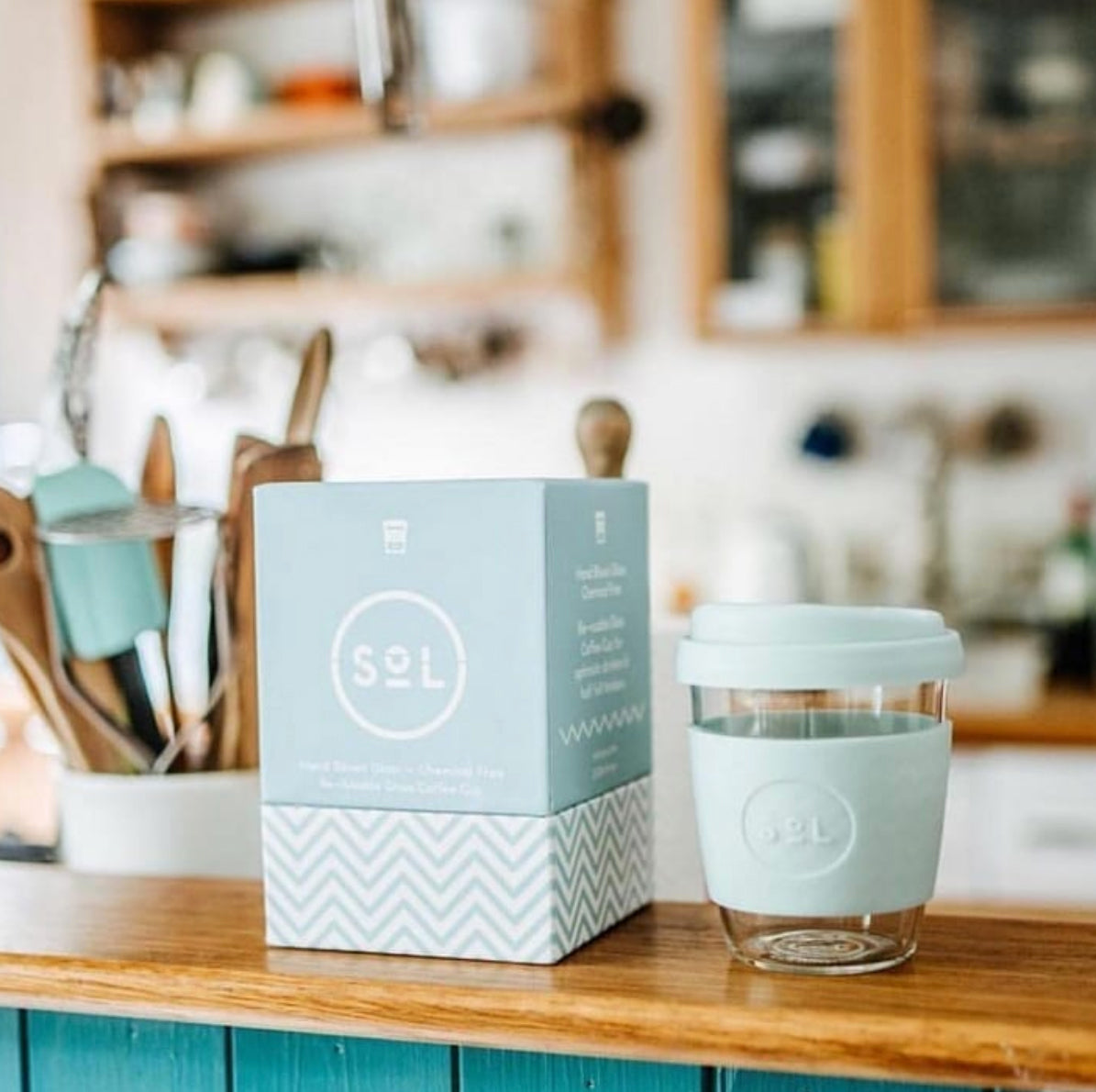 Cyan SoL Glass 12oz Reusable Cup and Personalised Cuff Package