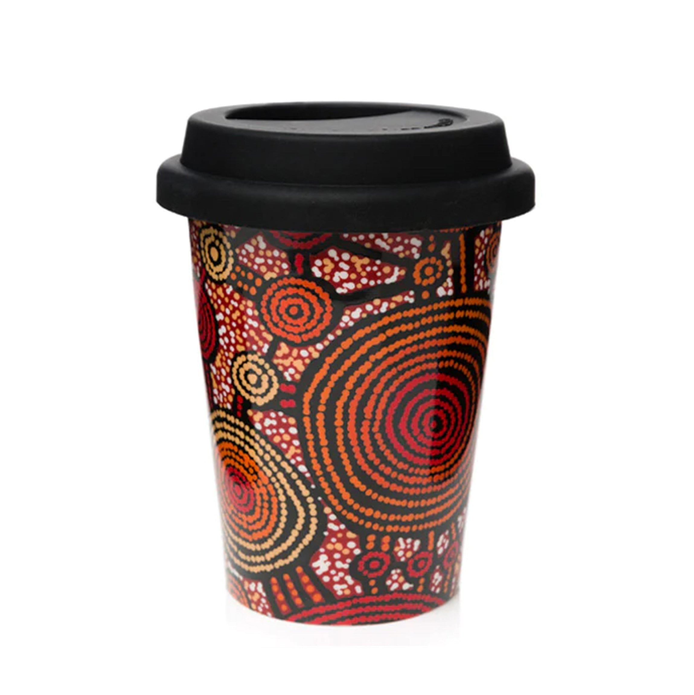 Reusable porcelain cup by Aboriginal artist with custom cuff – Coffee Cuff