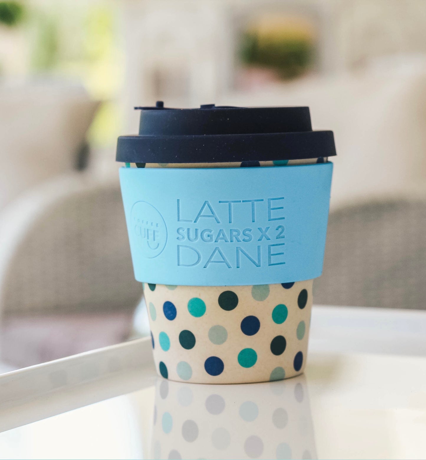 Polka Dot reusable bamboo cup with personalised coffee cuff