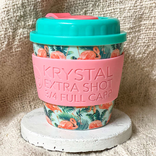 Reusable flamingo coffee cup and personalised coffee cuff