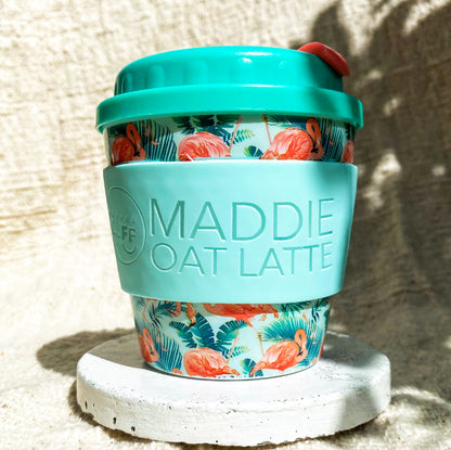 Reusable flamingo coffee cup and personalised coffee cuff