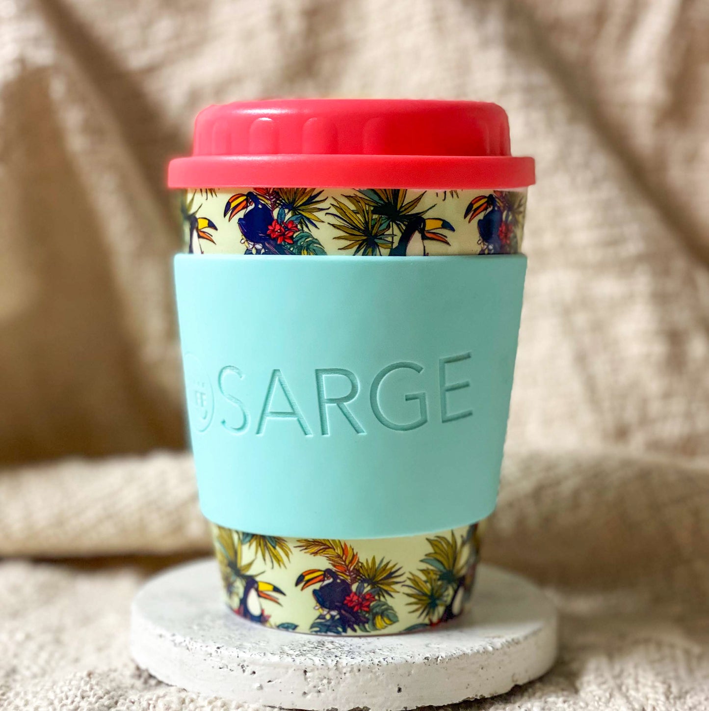 Reusable Toucan Coffee Cup and Personalised Cuff Combo