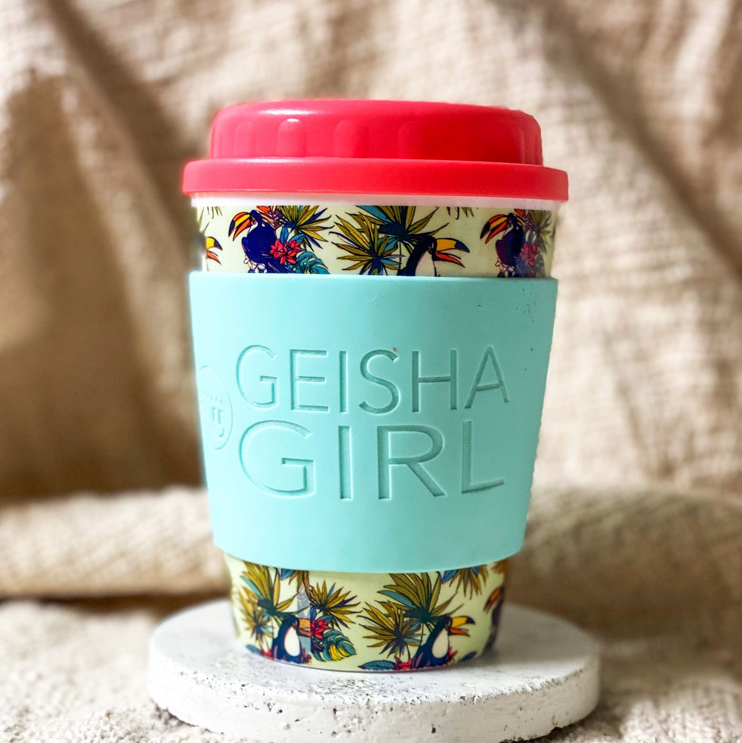 Reusable Toucan Coffee Cup and Personalised Cuff Combo
